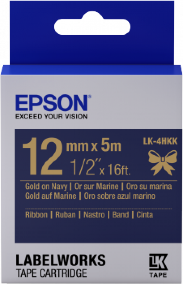 Epson LabelWorks LK-4HKK - Saténový - zlatá na námořnické modré - Role (1,2 cm x 5 m) 1 kazeta/y stužková páska - pro LabelWorks LW-1000, 300, 400, 600, 700, 900, K400, Z5000, Z5010, Z700, Z710, Z900