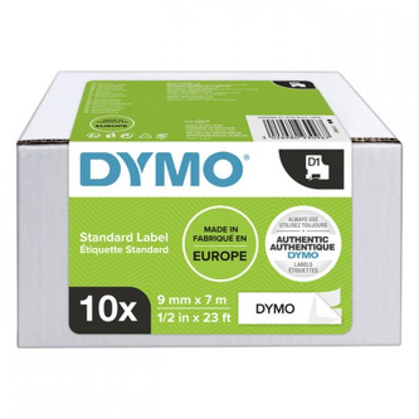 Dymo originální páska do tiskárny štítků, Dymo, 2093096, černý tisk/bílý podklad, 7m, 9mm, 10ks v balení, cena za balení, D1