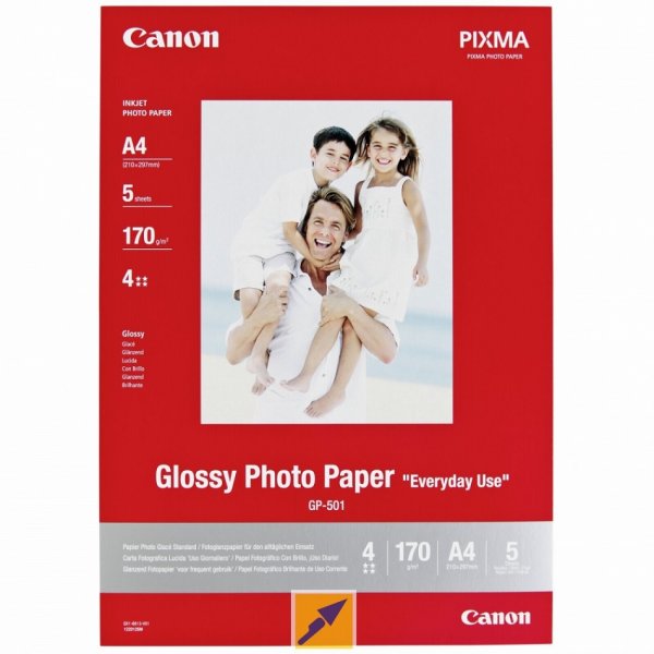 Canon Glossy Photo Paper, foto papír, lesklý, GP-501 typ bílý, 21x29,7cm, 200 g/m2, 5 ks (0775B076) inkoustový