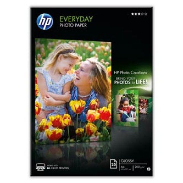 HP Everyday Photo Paper - Lesklý - 8 mil - A4 (210 x 297 mm) - 200 g/m2 - 25 listy fotografický papír - pro ENVY 50XX, 76XX; ENVY Inspire 7920; Officejet 52XX, 80XX; Photosmart B110, Wireless B110