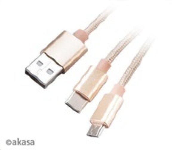 AKASA kabel 2v1 USB Type-A na Micro-B a USB Type-C, 120cm, zlatý