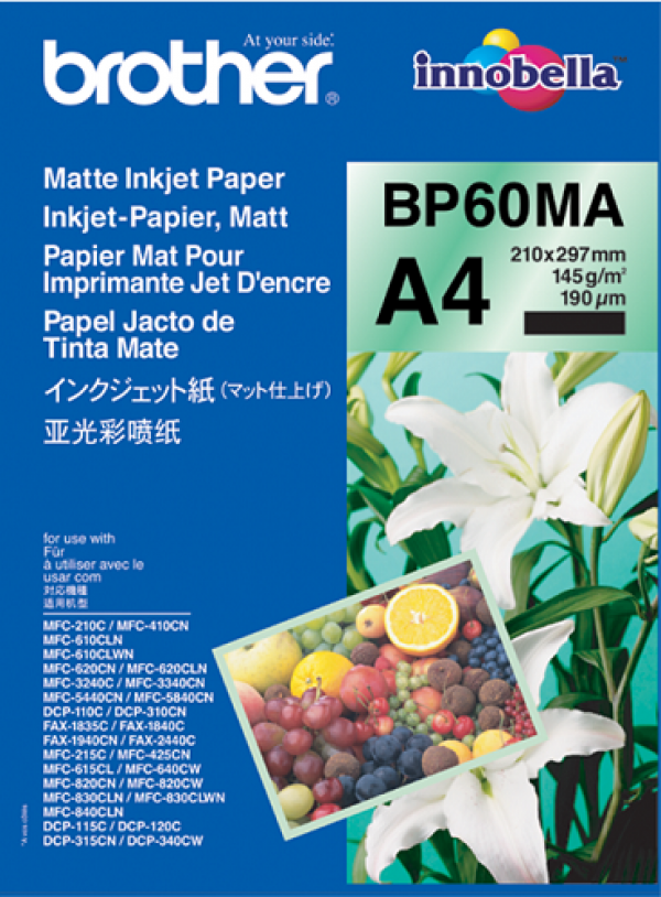 Brother Matte Inkjet Paper, foto papír, matný, bílý, A4, 145 g/m2, 25 ks, BP60MA, inkoustový