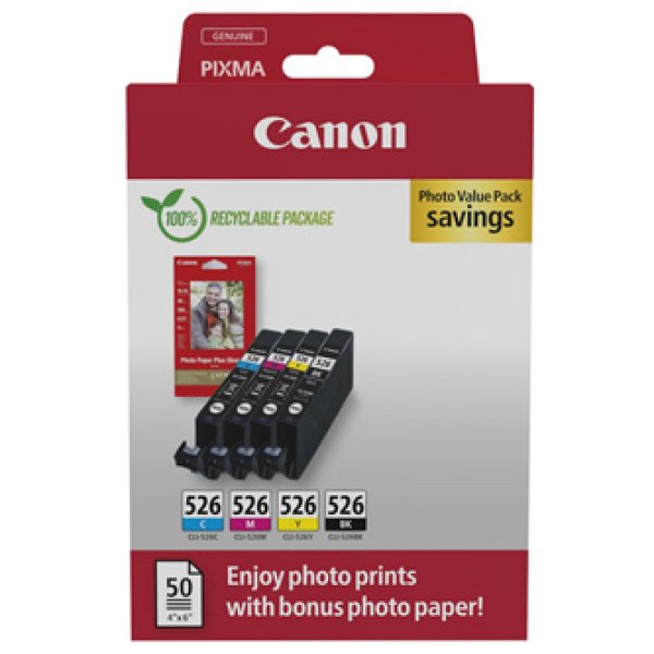 Canon CARTRIDGE CLI-526 C/M/Y/BK Value pack + fotopapír pro PIXMA IP4x50, MX8x5, MG5x50, IX6550 (437 str.)