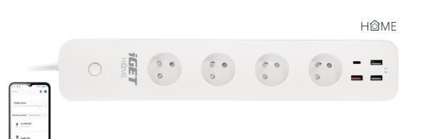 iGET HOME Power 4 USB  - WiFi chytrá prodlužka 4x 230V + 4x USB, samostatná, měření spotřeby, 3680W