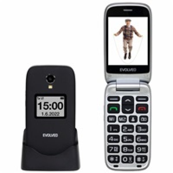 EVOLVEO EasyPhone FS, vyklápěcí mobilní telefon 2.8'' pro seniory s nabíjecím stojánkem (černá barva)