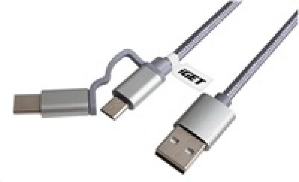 iGET G2V1 USB kabel 2v1, 1m, stříbrný, microUSB i USB-C, prodloužené koncovky